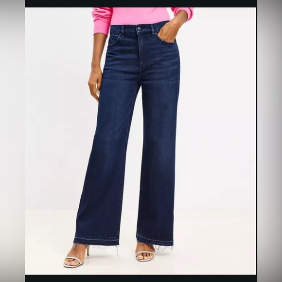 Loft - distressed hem, denim, wide legged trouser pants. Size 27/4 petite - Picture 1 of 5